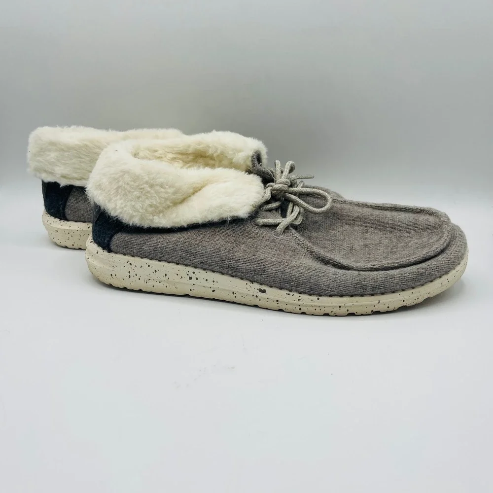 Hey Dude Britt Charcoal Women 8 Grey Faux Fur Lined Wool Blend Ankle Booties